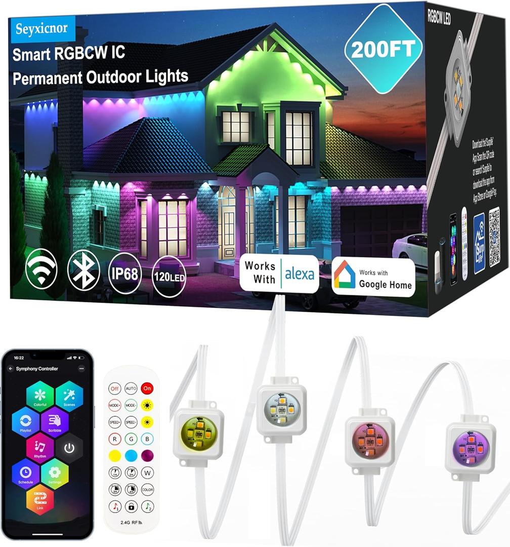 RGBCW Permanent Outdoor Lights,108 Scene Modes Smart Outdoor Christmas Lights with Voice Remote APP Control, IP68 LED Eaves Lighting for Halloween Party, Daily Garden Decor (120LED 200FT)