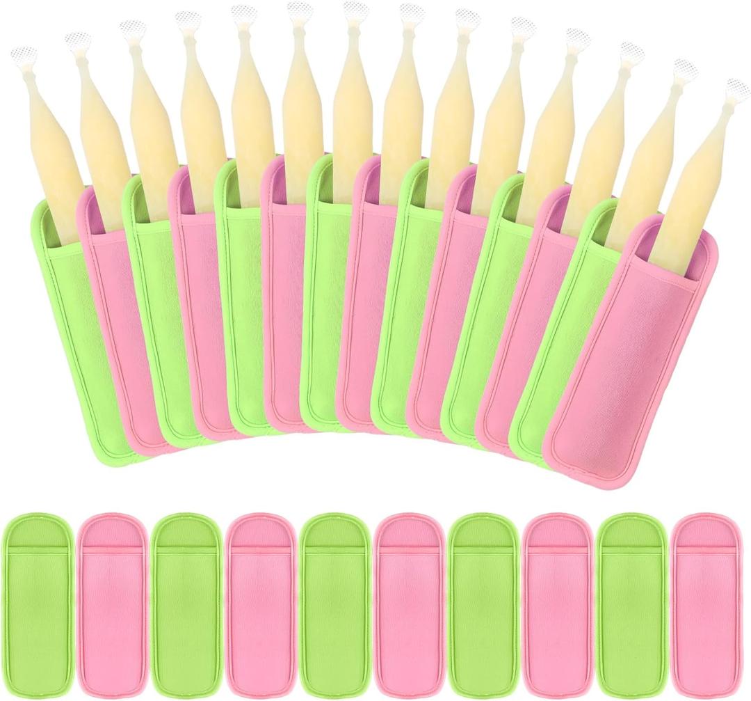 24 Pack Pink and Green Ice Pop Sleeves for Summer Witch Party Favors Reusable Antifreezing Neoprene Insulator Freeze Pop Holders for Kids Pink and Green Witch Birthday Party Decorations