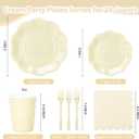 Scalloped Cream Plates and Napkins Party Supplies, Disposable 9 and 7 Ivory Paper Plates Cups Napkins Forks Set for Birthday Wedding Baby Shower Bridal Shower Decorations, Serves for 24 Guests