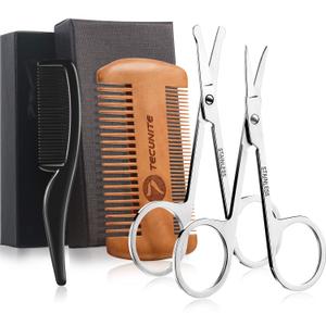 TecUnite 4 Pieces Mustache Scissors Grooming Kit for Men, Beard Trimmer Set, 2 Small Combs and 2 Scissors Beard Trimming Kit with Storage Bag Box
