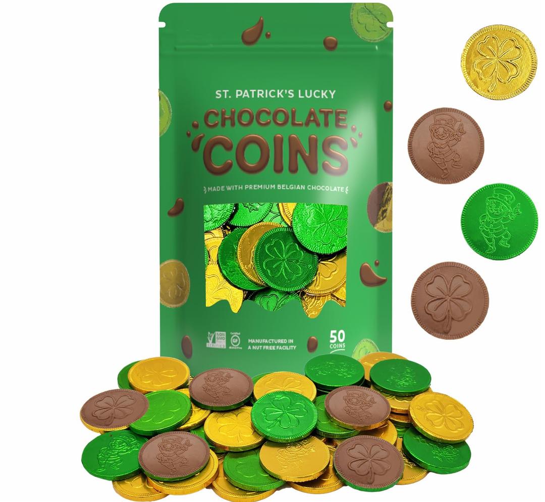 5 x St. Patrick's Day Milk Chocolate Green & Gold Coin, 50 Coins, Shamrock & Leprechaun Themed Coins, Parties, Events and Celebrations, Perfect for Gift Bags and Festive Decorations, 4.5g Milk Chocolate Coin (EXP 11/02/27)