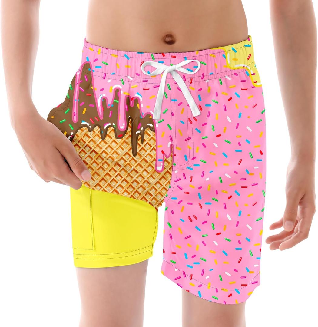 westwolf Boys Swim Trunks with Compression Liner Kids Bathing Suit 6-18 Years Swimwear (C1 Pink Yellow)