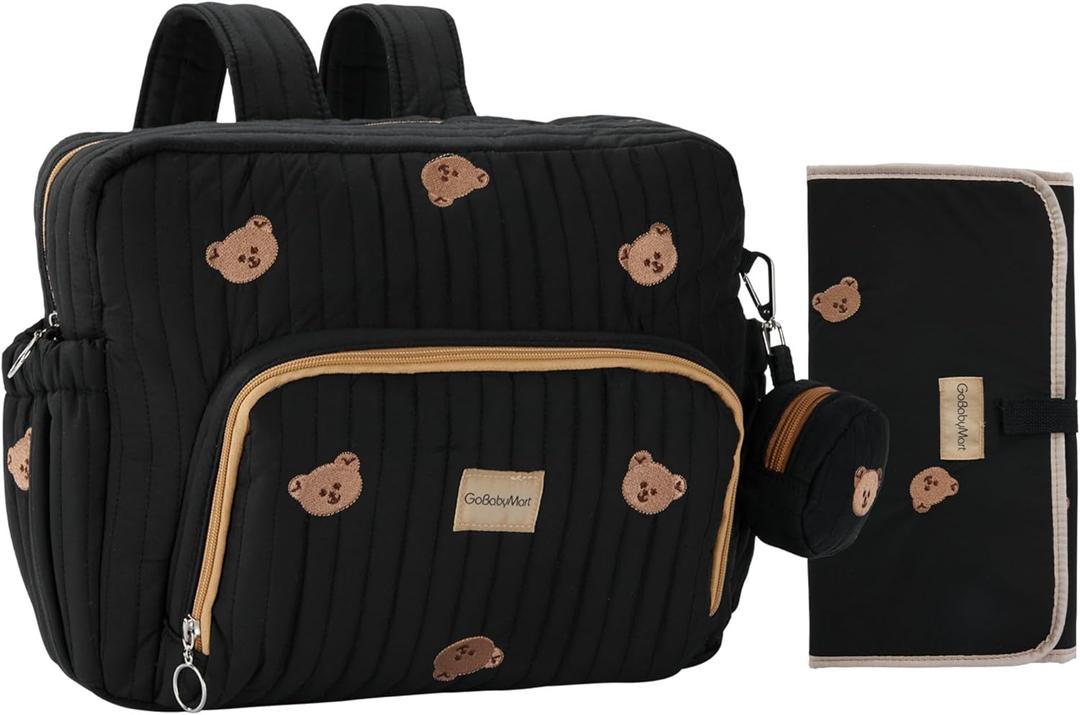 Diaper Bag Backpack, Medium Maternity baby bag & Changing Pad, Insulated Pockets, Stroller Straps & Pacifier Case (Medium - Black Bears)