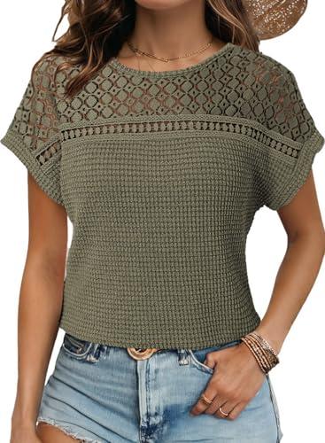 Dokotoo Womens Summer Tops Waffle Knit Short Sleeve Solid Color T Shirts for Women 2025 Fashion Pullover School Outfits for Teachers Tunic Cute Tops Casual Loose Fit Work Blouses Moss Green Small