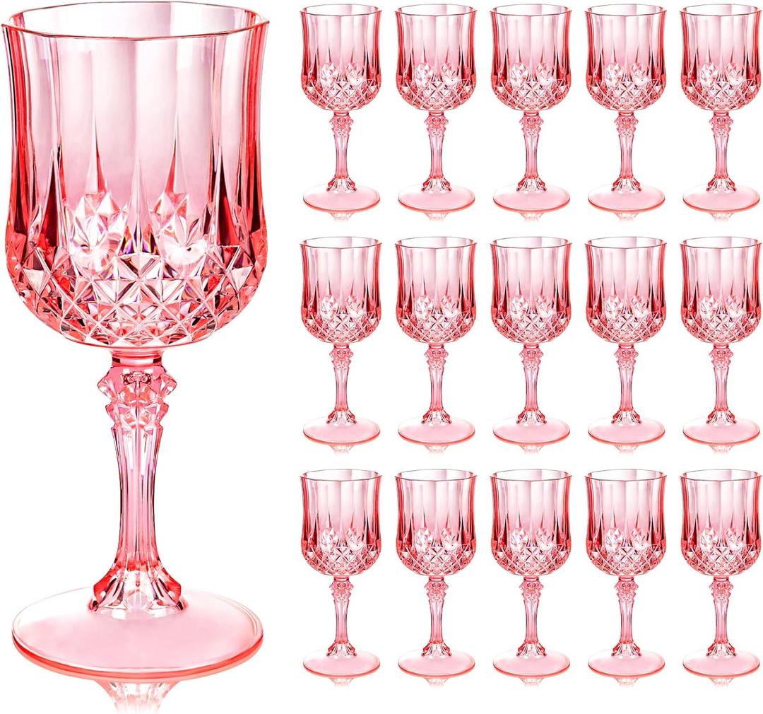 Ciaell 24PCS Pink Plastic Wine Glasses - 7 Oz Plastic Goblets for Party - Pink Vintage Drinking Glasses - Disposable Water Goblets Set for Wedding, Bar, Wine, Cocktail, Whiskey & Easter