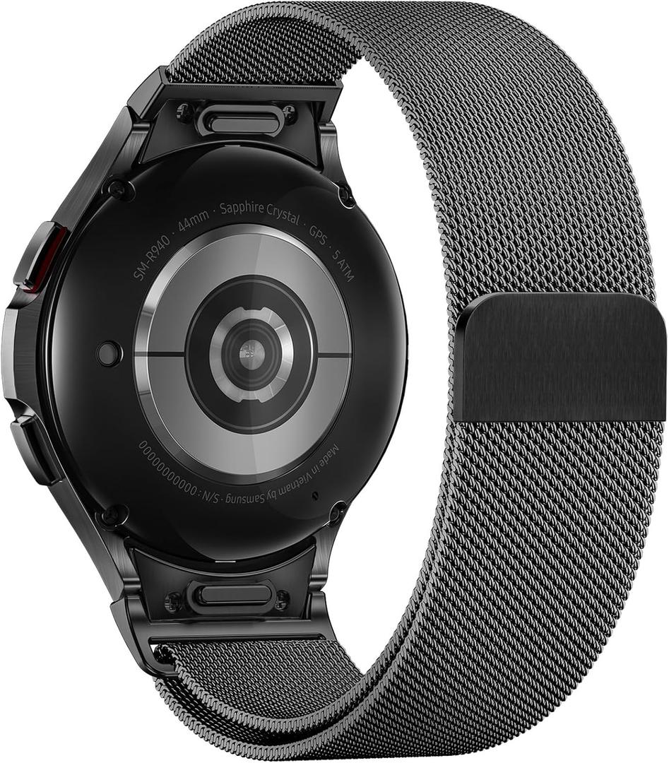 JKD No Gap One Click Metal Band Compatible with Samsung Galaxy Watch 7 6 5 4 FE 40mm 44mm, Galaxy Watch 6 4 Classic 47mm 43mm 42mm 46mm/Watch 5 Pro 45mm, 20mm Stainless Steel Mesh Wristband Women Men (Black)