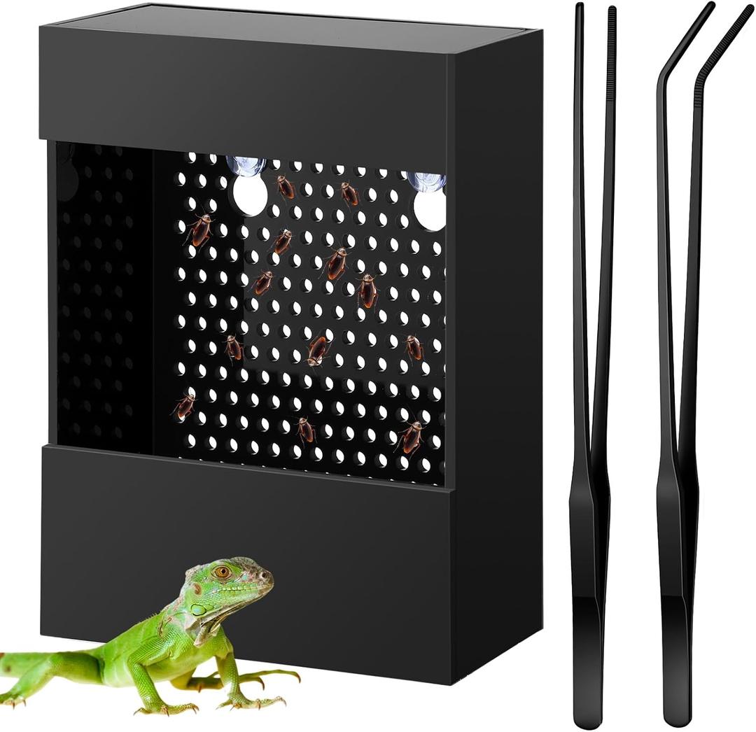 Geyoga Bearded Dragon Feeder with Suction Cups and 2 Tweezers Chameleon Bug Bowl Bug Feeder for Bearded Dragon Acrylic Reptile Feeding Box Tank and Aquarium Accessories for Lizard Gecko Frog(Black)