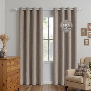 100% Blackout Linen Curtains for Bedroom 84 Inches Long, Black Out Thermal Insulated Grommet Curtains 2 Panels Set,Sun Blocking Privacy Drapes Living Room Nursery (52W  84L inch, Beige)