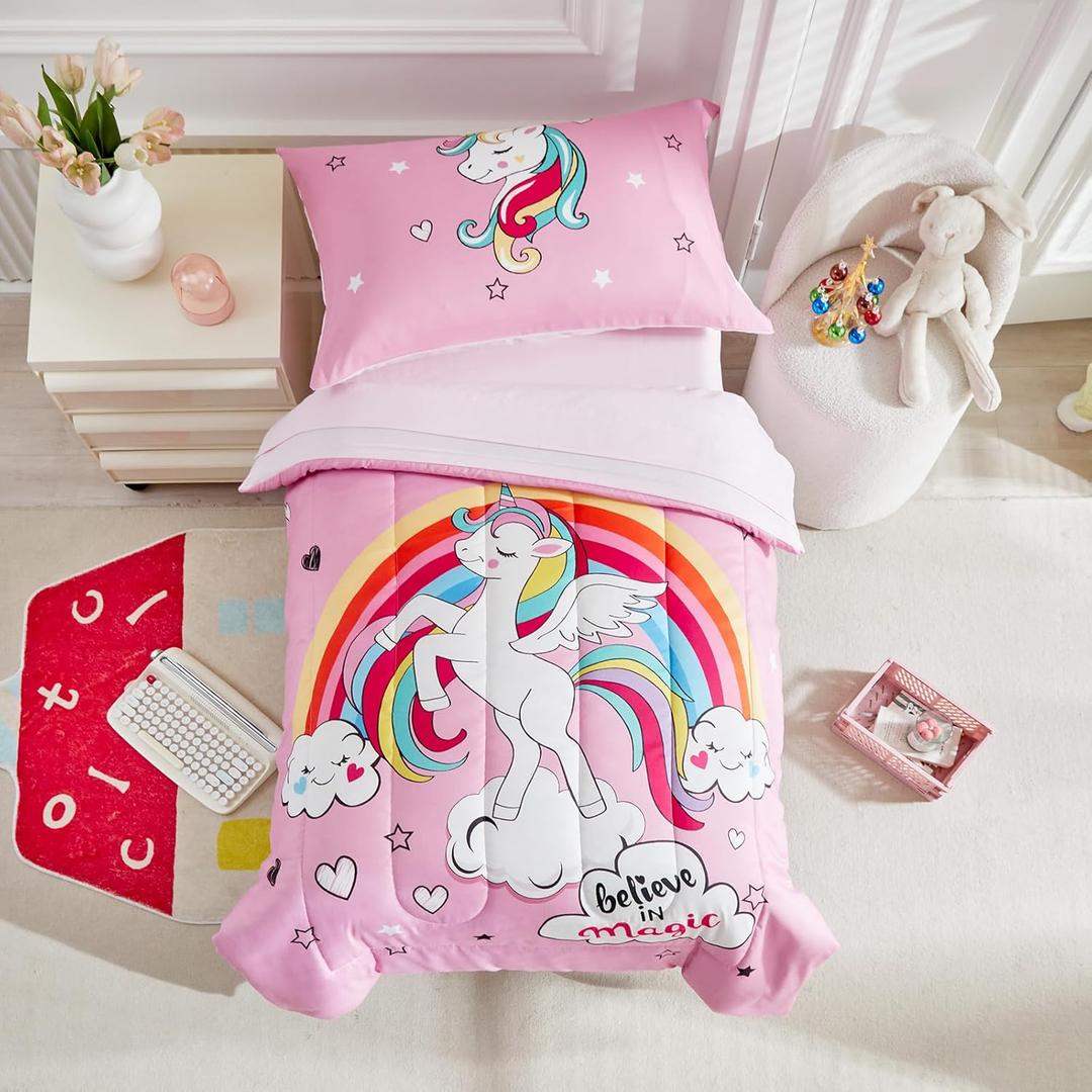 4 Pieces Toddler Bedding Set for Girls - Pink Unicorn Cartoon Stars Rainbow Print Cute Princess Bed in a Bag - Comforter Set, Fitted Sheet, Flat Sheet, Pillowcase