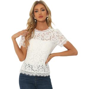Allegra K Women's Lace Top Summer Floral Scalloped Trim Short Sleeve Semi Sheer Tops (White, S)