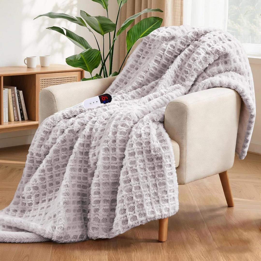 Waffle Electric Heated Throw Blanket 62"x84" 6 Heat Levels & 10 Timer Settings, Ultra-Soft Faux Fur & Sherpa Electric Blanket, ETL Certified, Machine Washable, Ideal Gift, Grey