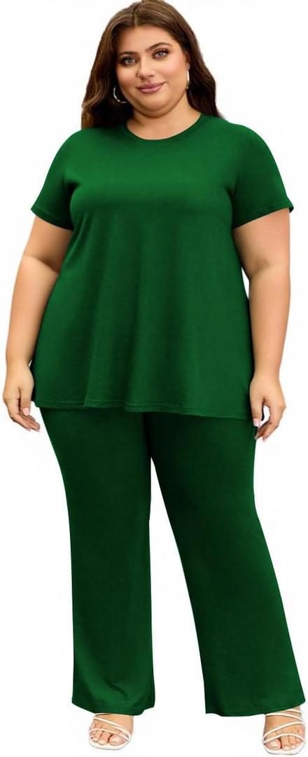 YeGine Women Plus Size 2 Piece Outfits Casual Short Sleeve Tunic Top and Flare Pants Oversized Lounge Sets Tracksuit (X-Large Plus, 7-dark Green)