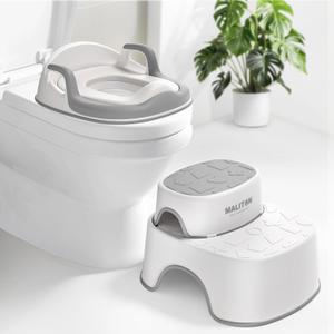 Maliton Baby Potty Training Seat with Step Stool, Toddler Toilet Seat for Boys Girls, Anti-Slip Toddler Stool for Bathroom, Kitchen, Toilet Potty Training Set(One Potty Seat+Two Step Stool for Kids) (Gray)