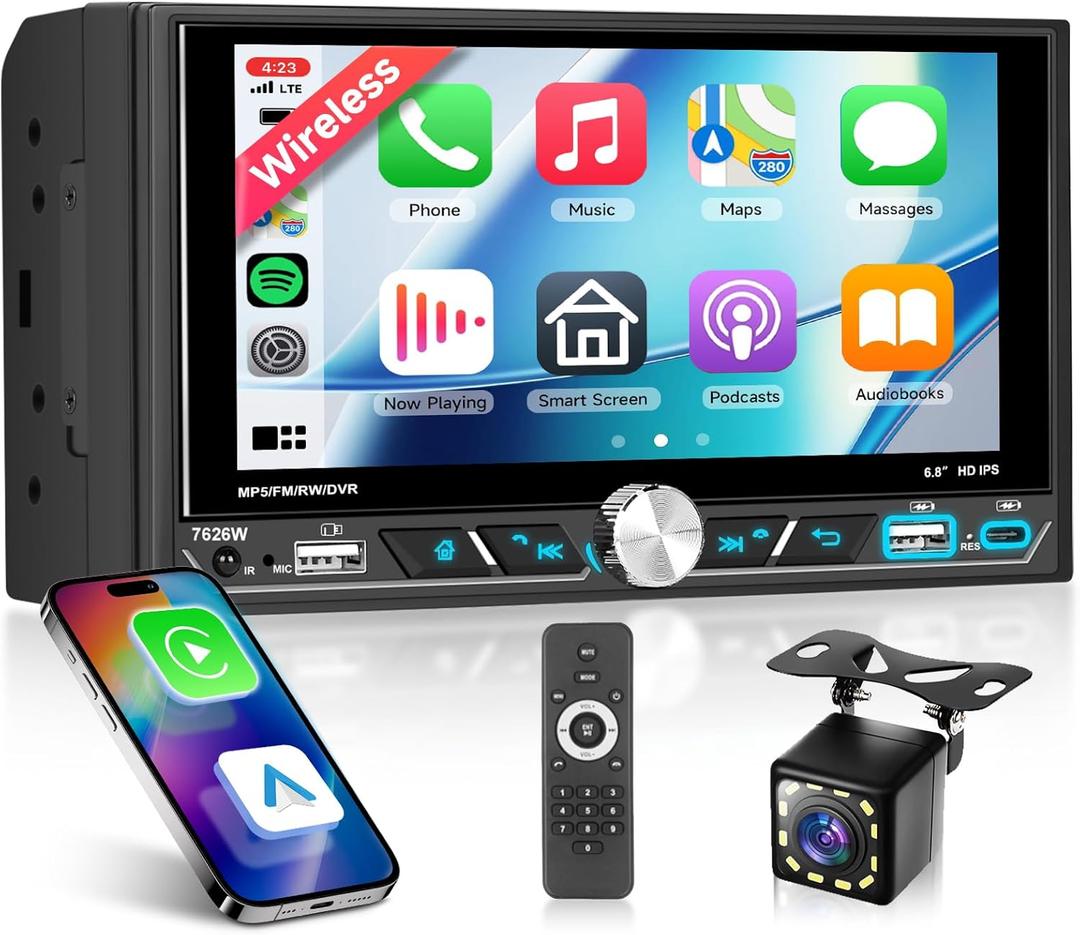 Wireless CarPlay/Android Auto Double Din Car Stereo, 6.8" HD IPS Touch Screen Radio, Bluetooth 5.2, Mirror Link, AM/FM Radio, Type-C Charging, Dual USB, SWC+Backup Camera