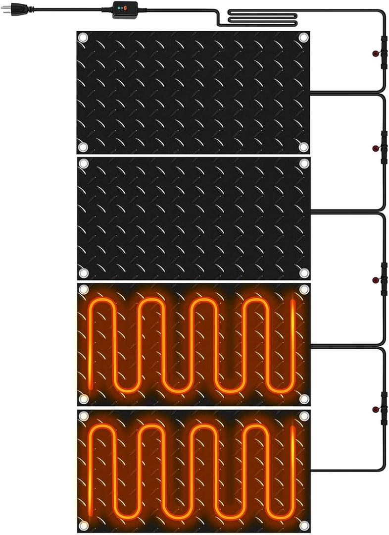 Riakrum 4 Pcs Heated Snow Melting Mats Outdoor, 10 x 15 in Winter Anti-Slip Heated Rubber Mat for Walkways Decks and Sidewalks, Electric Snow and Ice Melting Pads Connection with 9.84 ft Power Cord
