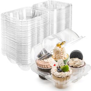 Bekith 60 Count 4-Compartment Plastic Cupcake Containers - Disposable Cupcake Trays Holder Carrier Box with Lids for Cupcakes & Muffins - Hinged Lock Cupcake Clamshell - Deep Cups for Cupcake Storage