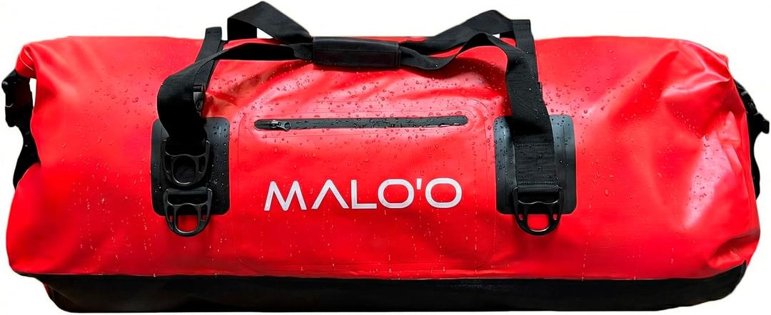 Maloo Waterproof Dry Duffel, Heavy-Duty Roll Top Waterproof Gear Bag with Shoulder Strap & Molle Loops, Marine Duffel for Kayaking, Boating, Camping, Beach & Travel, Red, 100L