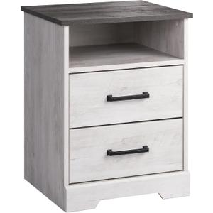 Prepac Rustic Ridge Farmhouse Bedroom Nightstand with 2 Drawers and an Open Cubby, Wooden Bedside Table for Bedroom, Office, or Living Room, 16.25in x 18.75in x 24.5in, Washed White
