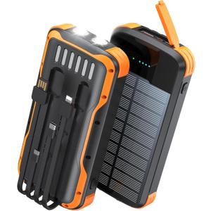 Solar Charger Power Bank, PD 20W Fast Charging External Batter, 40000mAh Portable Phone Charger Built in 4 Cables with Dual Bright Flashlights for Camping, Hiking, and Outdoor Use (Black-orange)