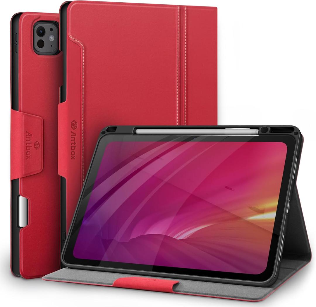 Antbox for iPad Pro 13 Inch Case M5 2025/M4 2024, Built-in Pencil Holder, Supports Pencil Pro/(USB-C), Auto Sleep/Wake, PU Leather (Red)
