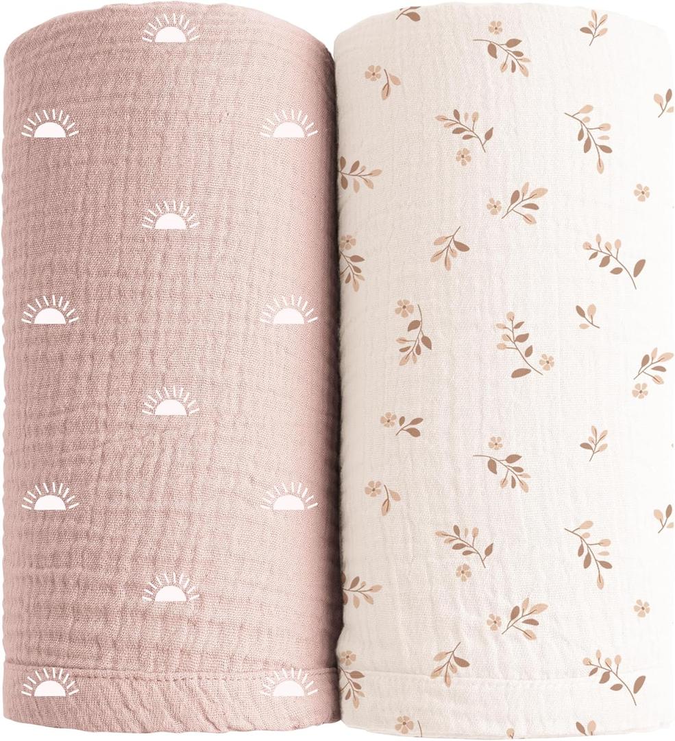 Konssy Muslin Swaddle Blankets for Girls Boys, 2 Pack Receiving Baby Blanket Large 47 x 47 inches, Soft Breathable Swaddling Wrap for Unisex Newborn (Pink Sun,Khaki Leaf)