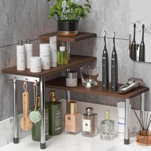 ZHWS Bathroom Counter Organizer for Make Ups, Dresser Table, Kitchen Countertop Organizer Adjustable 3 Tier Corner Shelf with 4 Metal Hooks for Coffee Bar, Spice Rack, Over Sink (16.9x16.9x15.3, Dark Brown)