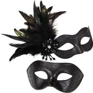 Black Couples Masquerade Mask Set - Women's Masquerade Mask with Feathers & Venetian Mask for Men, Mardi Gras, Halloween, Cosplay, Prom, Christmas