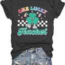St Patrick's Day Shirt Women One Lucky Teacher Green Shamrock Graphic Tees Teacher Shirts Lucky Irish Tops (Gray, S)
