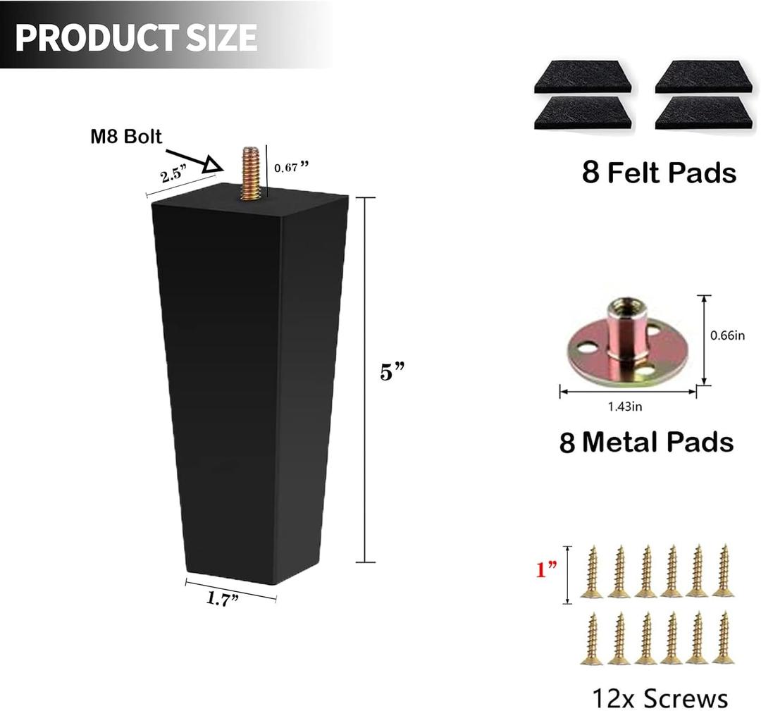 Sofa Legs Square Bed Feet 5 inch Wood Replacement Leg for Furniture Set of 4, Black (5", 4 set)
