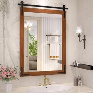 Farmhouse Bathroom Mirror, 24x36 Inch Brown Vanity Mirror for Wall, Wood Framed Rustic Mirror Rectangular Wall Decor Mirrors for Entryway Living Room Bedroom