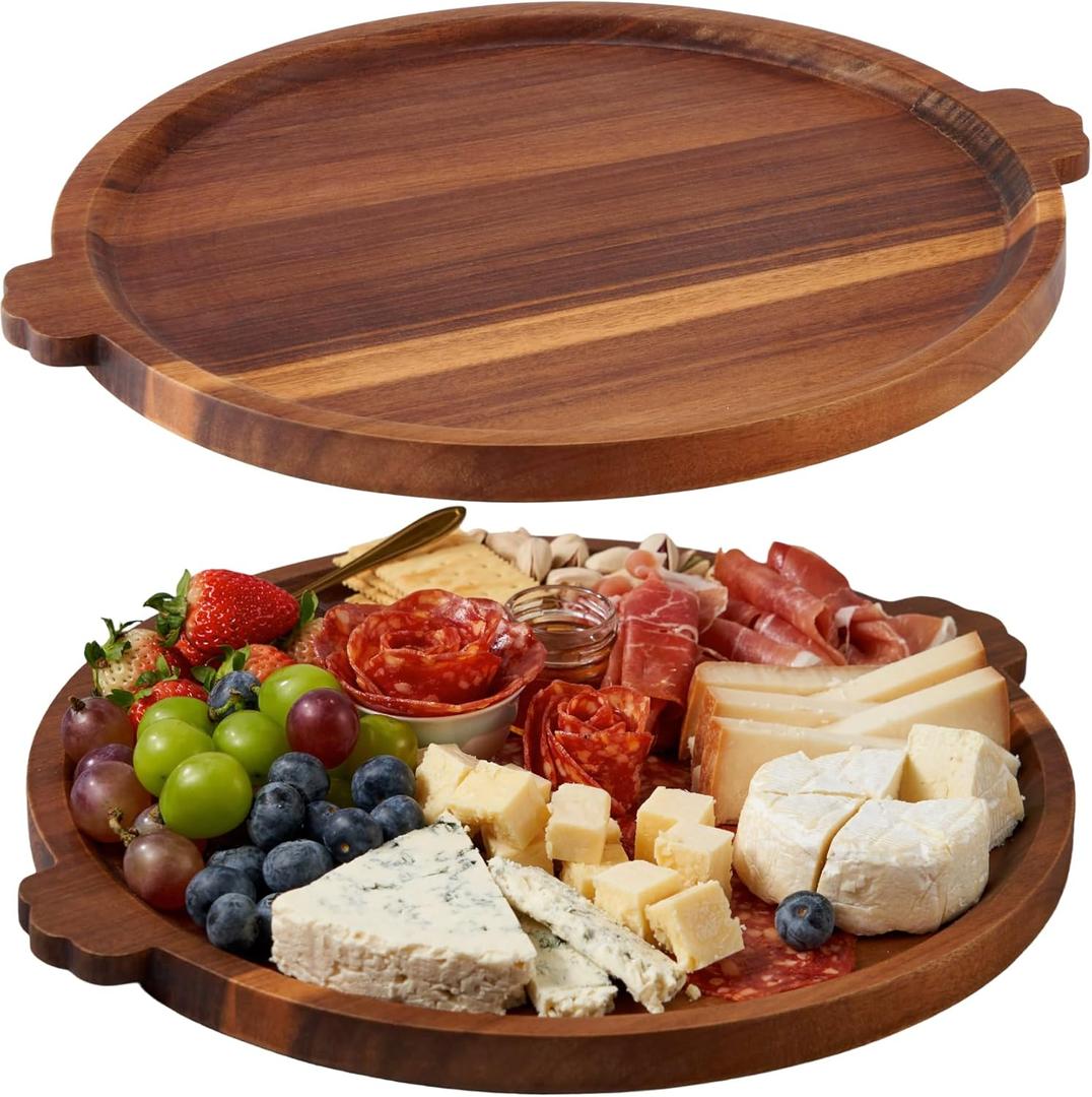 Charcuterie Board | Acacia Wood Serving Tray with Handles 13'' | Round Decorative Ottoman Coffee Table Tray | Medium Wooden Cheese Board Serving Platter for Party Supplies