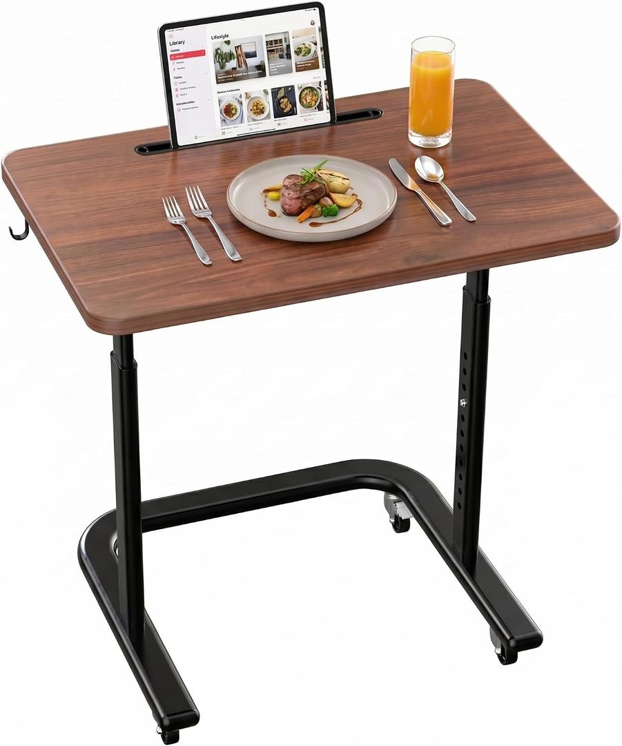 BUYIFY Height Adjustable TV Tray Table on Wheels - Rolling Laptop Desk for Bed & Sofa - C Shaped Side Table for Recliner, Small Spaces & Walking Pad-Dark Walnut- FRD1