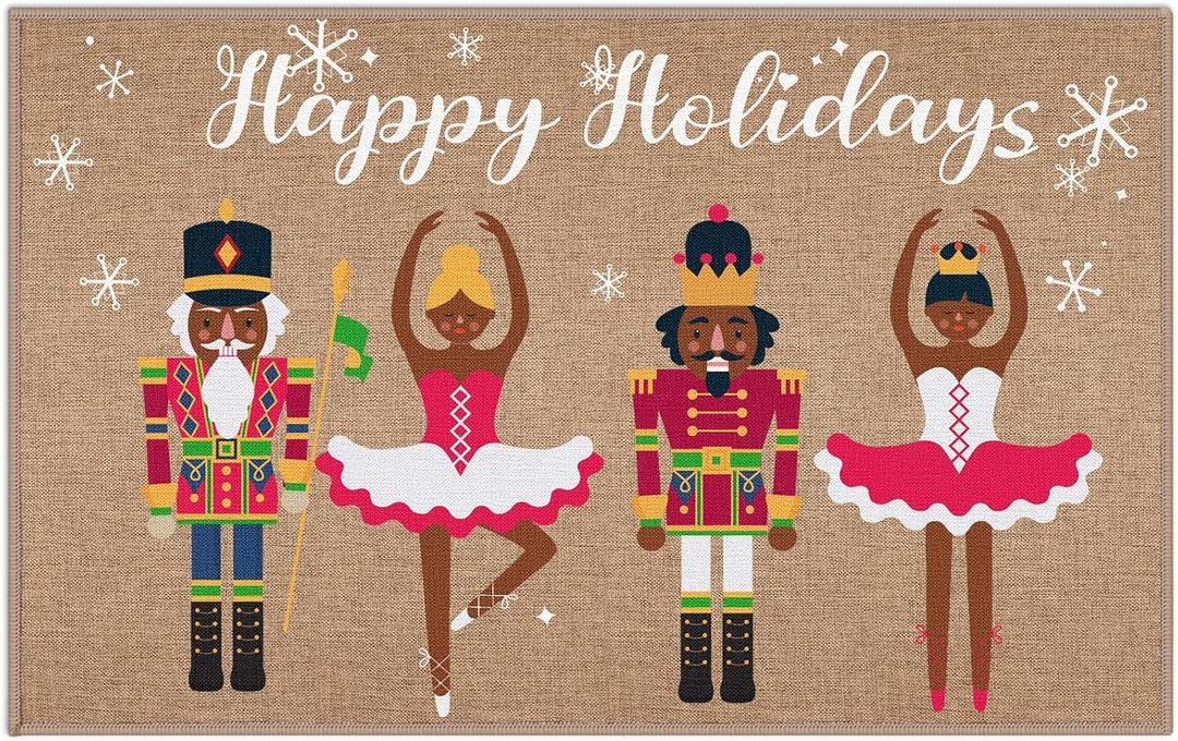 Drydiet African American Nutcracker Christmas Doormat Black Nutcracker Welcome Door Mat Happy Holiday Outside Entrance Porch Non Slip Rug 32 x 20 Inch