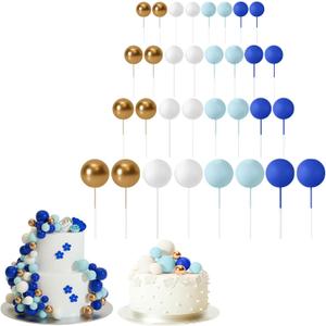 Set of 32 Ball Cake Topper,cake disco balls Decorations Mini Balloons Cake Topper Sticks Foam Balls Cake Picks for Wedding Party Birthday (blue white gold)
