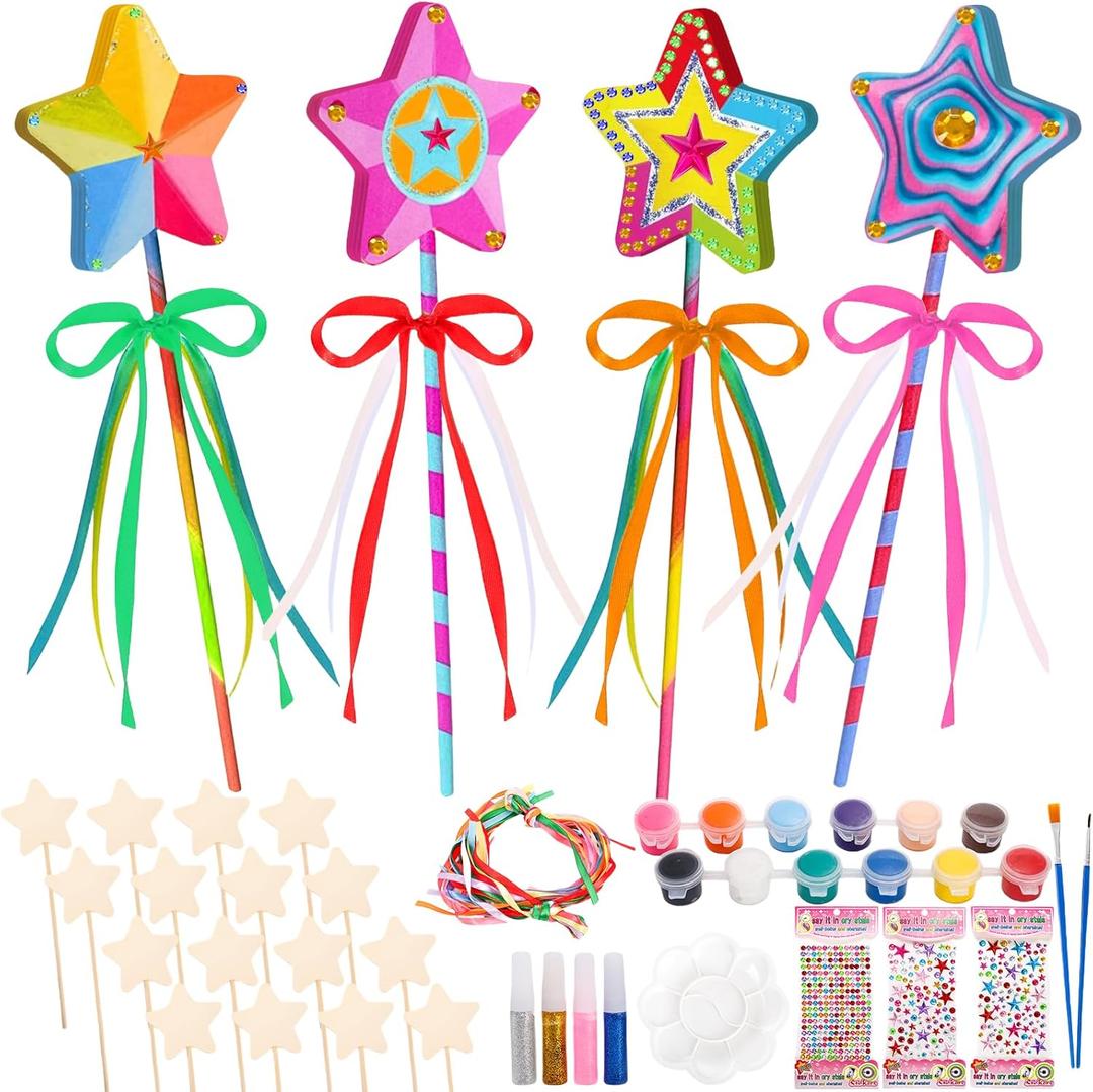 Mezchi 70Pcs Wooden Princess Fairy Wand DIY Kit, Crown Magic Wand Crafts Set with 16 Unfinished Wooden Wands, 32 Ribbon, 12 Colors Paint, Gems, Glitter Glue for Party (Small)