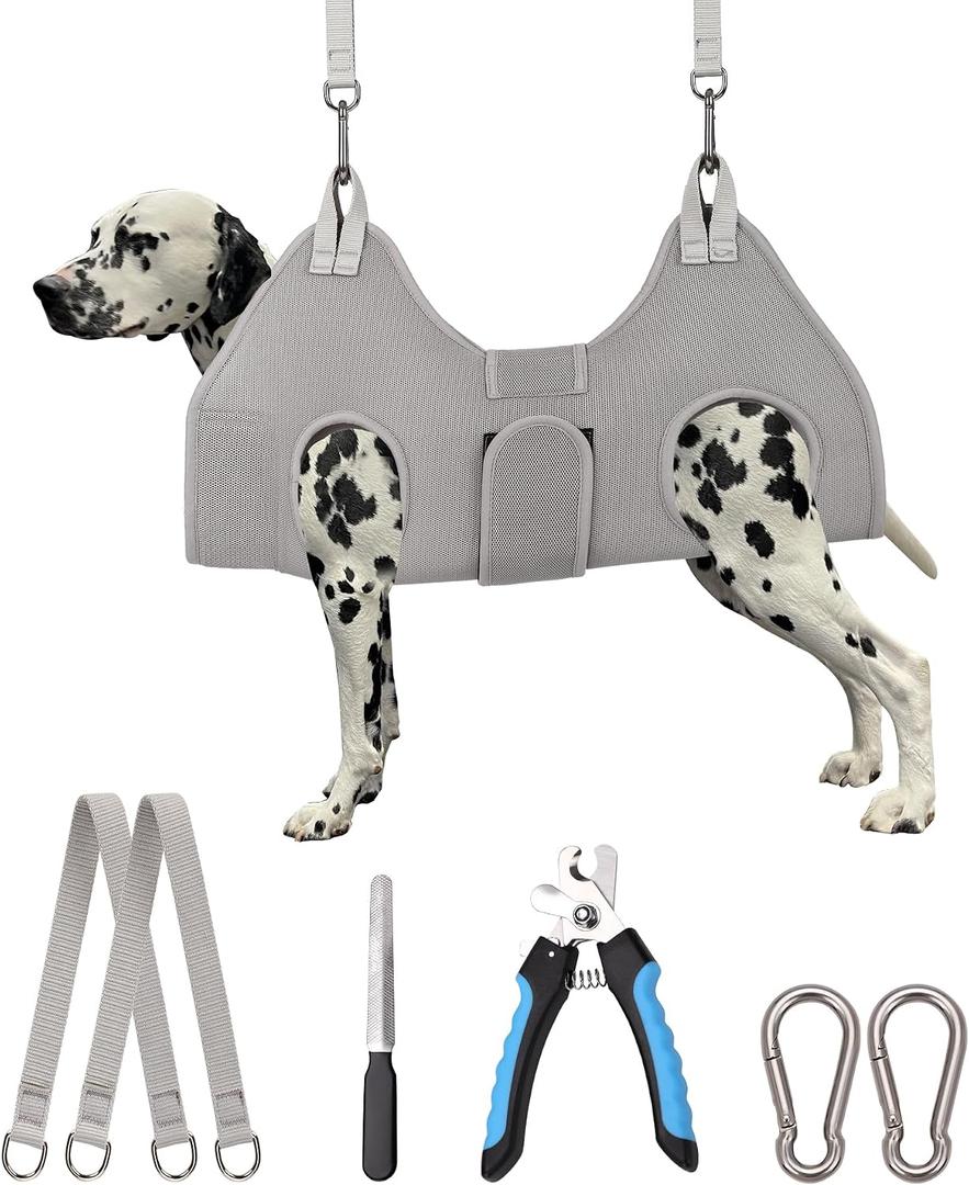 Kkiimatt Dog Grooming Hammock,XX-Large Hammock for Nail Trim, Hanging Harness for Nail Trimming,Dog Sling Restraint Holder for Pet Grooming Suspension Hanger with Thick Fabric Neck Support XXL (120 LB Max) Silver Grey 16-27in
