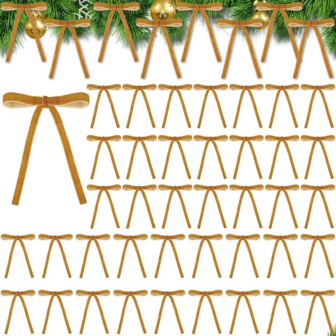 Joottuan Velvet Christmas Bow 5 x 7 inches Rustic Crafts Gift Bows Vintage Velvet Ribbon Wreath Bows for Christmas Tree Home Decor Indoor Outdoor Decoration (48, Khaki)