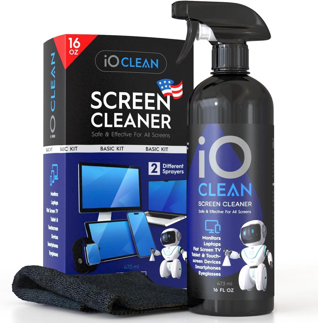 Screen Cleaner Spray (16oz - 473ml)  Best Large Cleaning Kit for LCD LED OLED TV, Smartphone, iPad, Laptop, Touchscreen, Computer Monitor, Electronic Devices, Microfiber Cloth Wipes and 2 Nozzles