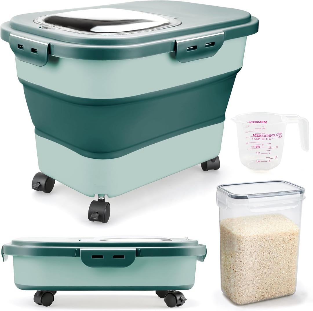 Rice Storage Containers, Collapsible 20 to 30Lbs Food Storage Bin Dispenser with Rolling Wheel and Clear Airtight Lid, BPA Free Flour, Sugar, Cereal and Dog Cat Pet food Containers (Green)