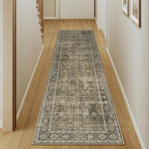 Light Brown 3x10 Vintage Area Rug Hallway Indoor Kitchen Washable Living Room Carpet Tribal Distressed Rug Retro Accent Throw Rug for Office Dining Room Bathroom Faux Wool