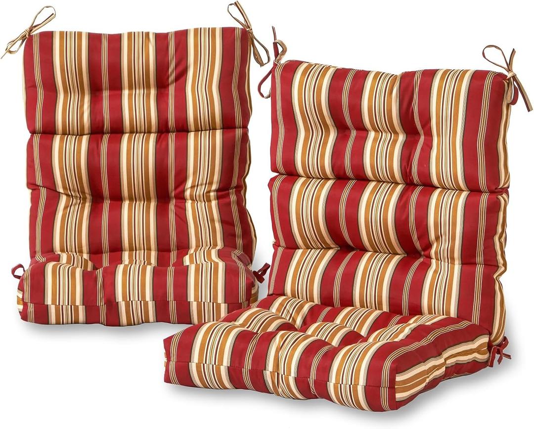 Outdoor Tufted High-Back Chair Cushions, One-Piece Hinged Seat and Back Design, Reversible with 4 Ties, Durable Polyester Fabric, Recycled Fiber Fill - Set of 2, Roma Stripe