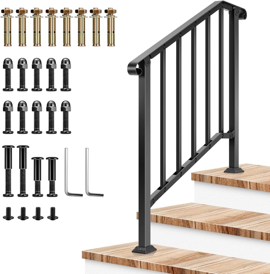 VIVOSUN Outdoor Handrail, 3 Step Stair Handrail, 40" x 36" Fits 1 to 3 Steps, Wrought Mattle Iron Stair Railing with Curved End and Balusters for Concrete Step, Porch Steps, One-Step Assembly, Black