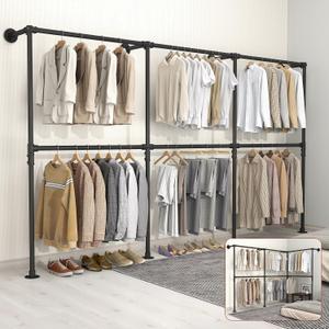 KELIXU 114.4" Industrial Pipe Clothing Rack for Wall Adjustable Height Wall Mounted Clothes Rack for Hanging Clothes, Heavy Duty Walk in Closet Systems, Garment Racks with Double Rods (Three, Black)