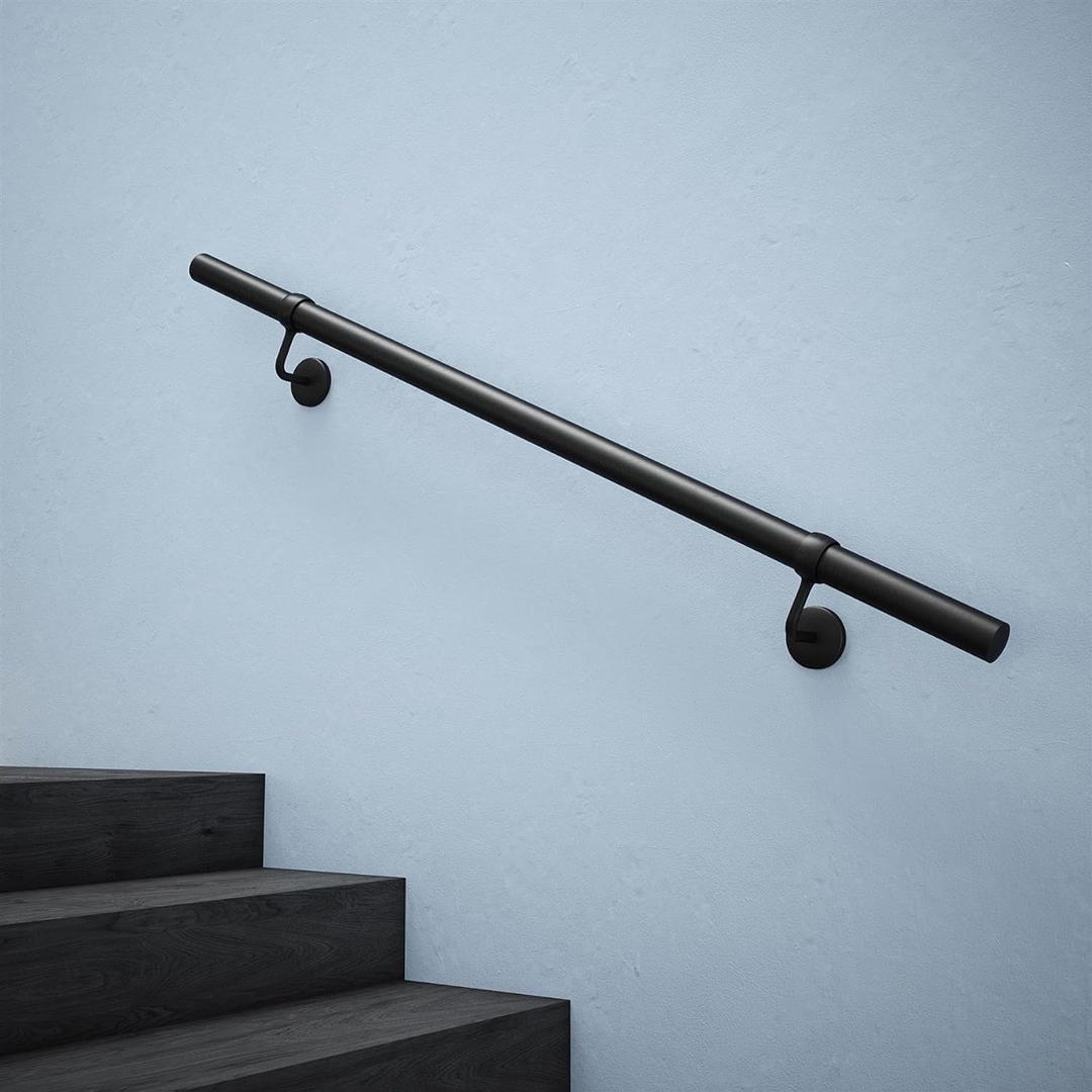 ROTHLEY Pipe Stair Handrail, 3Ft Metal Staircase Handrails Black Powder Coated Steel Hand Rails for Indoor & Outdoor Steps Wall Mount Support 1.6" Round Stair Railing with Zinc Alloy Brackets