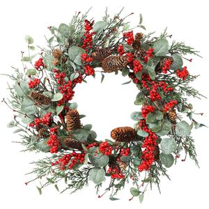 YNYLCHMX 22 Inch Winter Wreath for Front Door, Winter Wreath with Eucalyptus Leaves Red Berry Pine Cones Pine Needle, Artificial Door Wreaths for Indoor Farmhouse Holiday Decoration