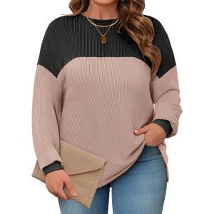 Womens Plus Size Sweatshirt Color Block Side Split Long Sleeve Crewneck Casual Loose Pullover Shirt Top (2X, Black)