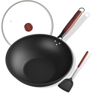 Carbon Steel Wok 13-Inch Wok Pan with Glass Cover Silicone Spatula, Non-Stick Surface Woks & Stir-Fry Pans Pre-Seasoned Chinese Wok Pan for Induction, Electric, Gas Stoves Cooking