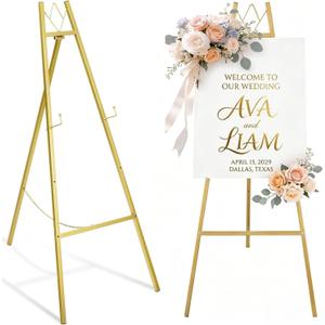 WATIHERE 57.5" Gold Easel Stand for Wedding Sign  4 Adjustable Height Levels, Assembly Required, Heavy Duty Metal Display Stand for Art, Paintings, Posters, Pictures, and Home Dcor