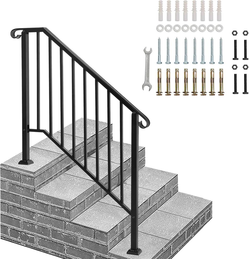 Outvita Handrails for Outdoor Steps, Black Wrought Iron Handrail Fits 3 or 4 Steps, Transitional Handrail with Installation Kit, Stair Railing for Concrete Steps or Wooden Stairs