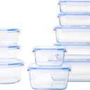 Amazon Basics Leak-Proof Glass Locking Lids Food Storage Containers, 20-Piece Set, includes 10 Bases and 10 Plastic Lids, Clear, Blue, BPA free